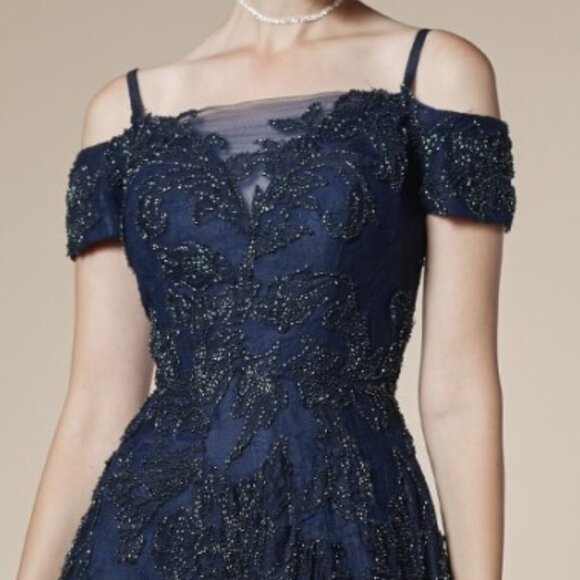 white long sleeve semi formal dress Aria Ruffled Off-The-Shoulder Polka Dot Mesh Formal Dress main image 0